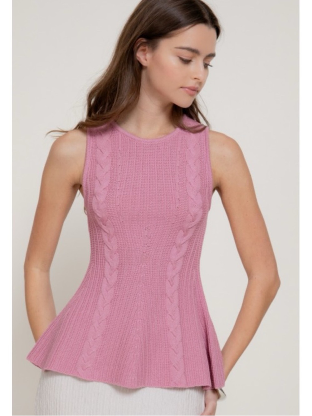 1289 • Rose Viscose Blend Cable Knit Sleeveless Peplum Top